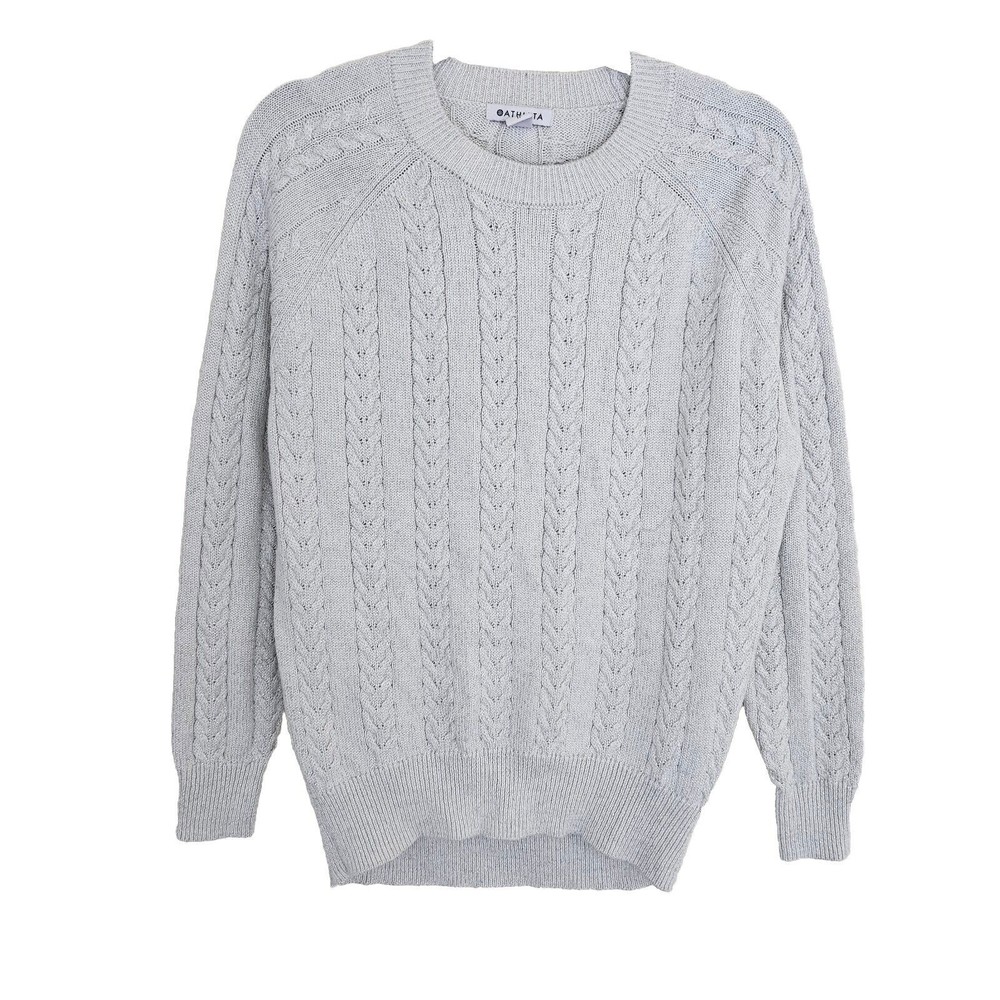 Athleta Crossroads Crew Sweater Womens Size XS Cable Knit Merino Blend Silver